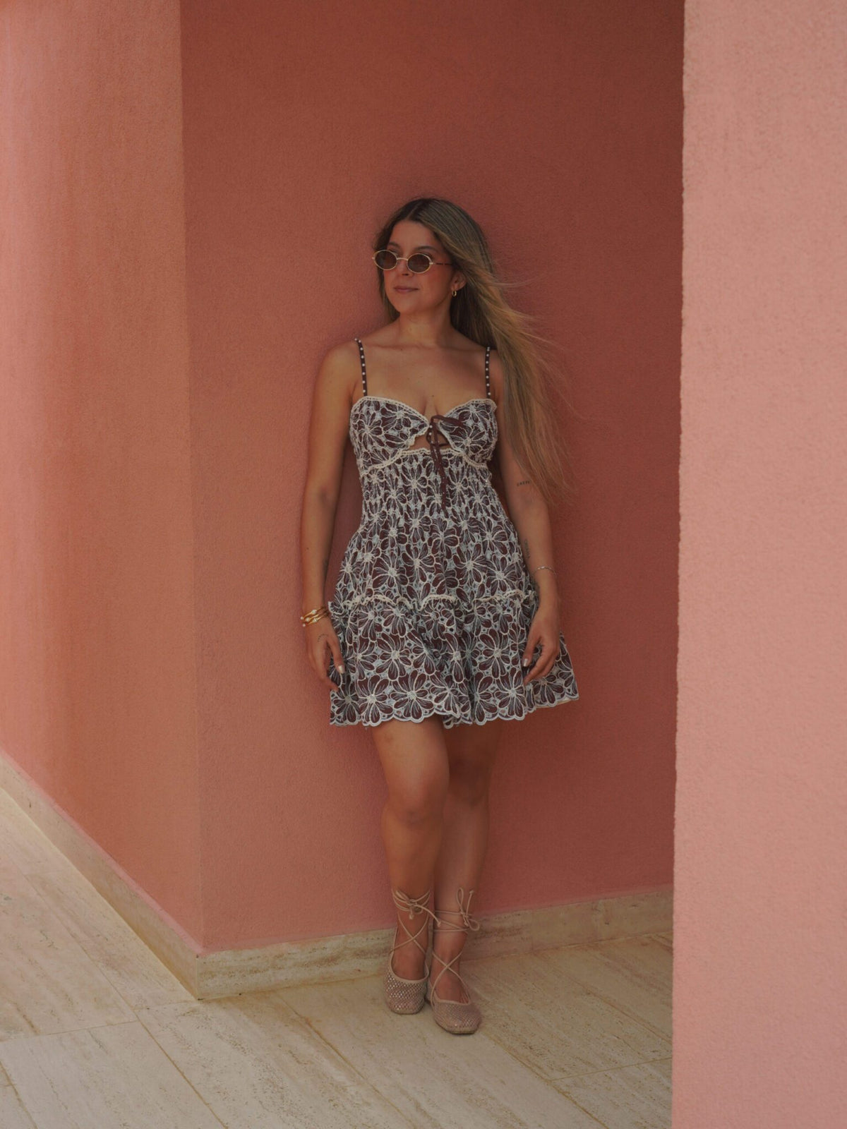 SOLANA EMBROIDERED COFFEE DRESS