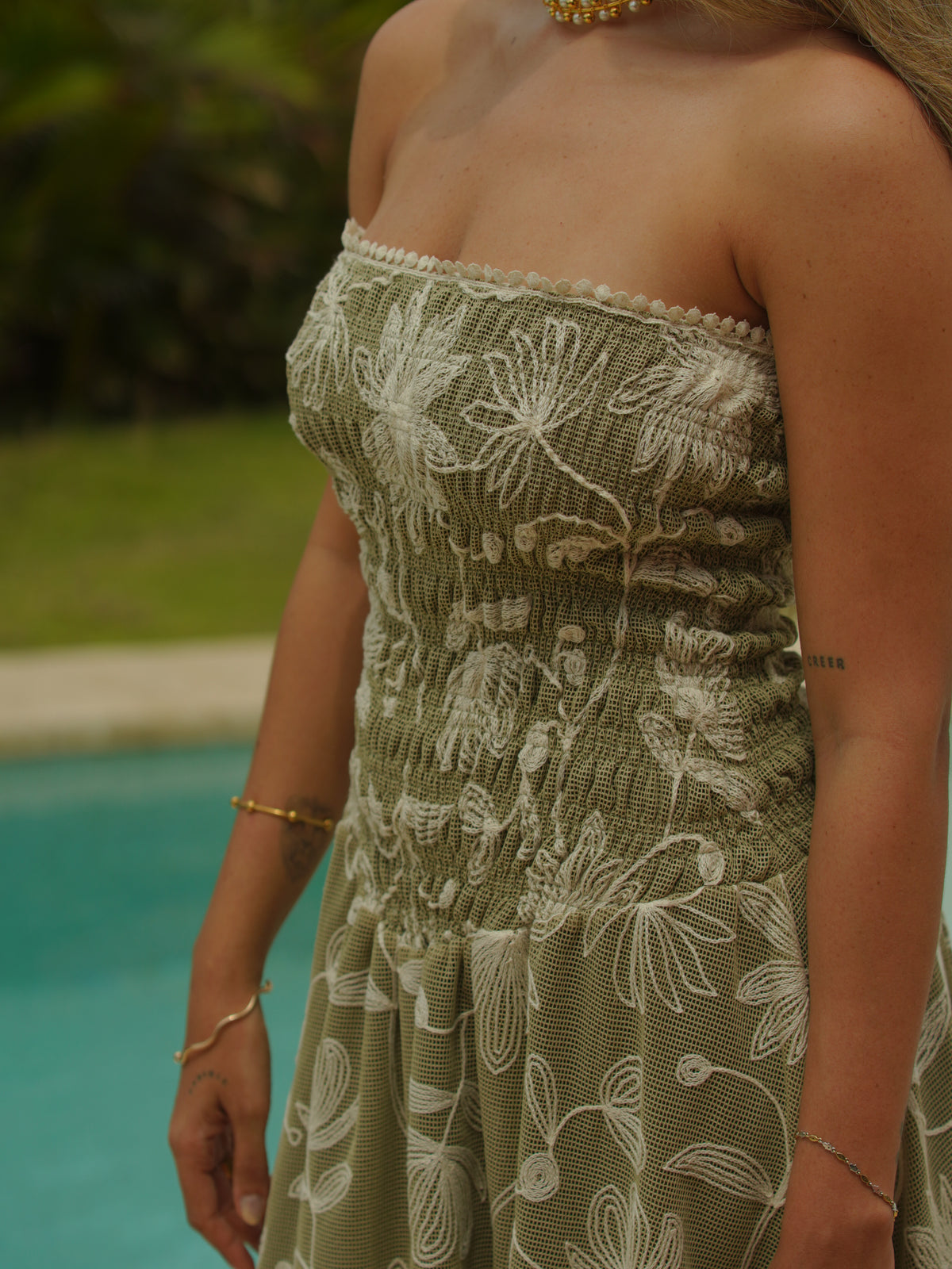 GEMMA GREEN EMBROIDERED LONG DRESS