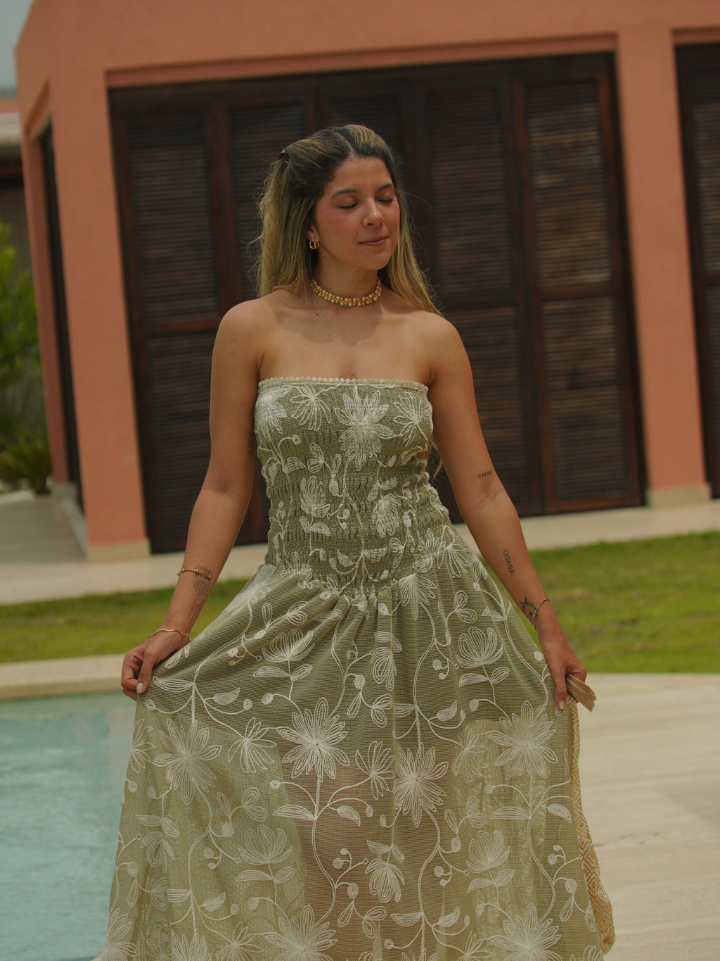 GEMMA GREEN EMBROIDERED LONG DRESS