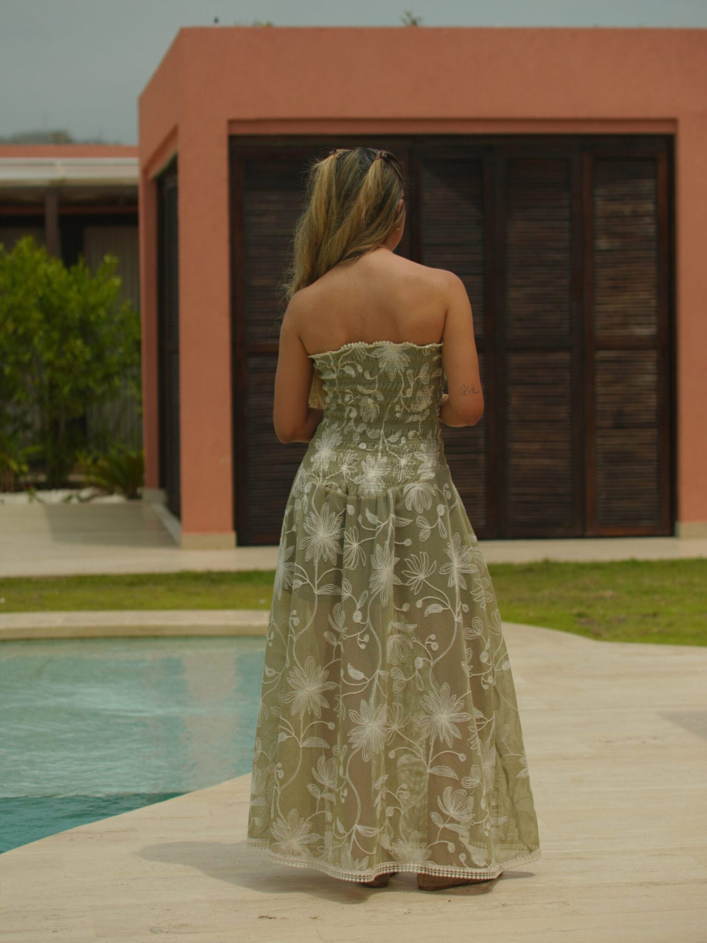 GEMMA GREEN EMBROIDERED LONG DRESS