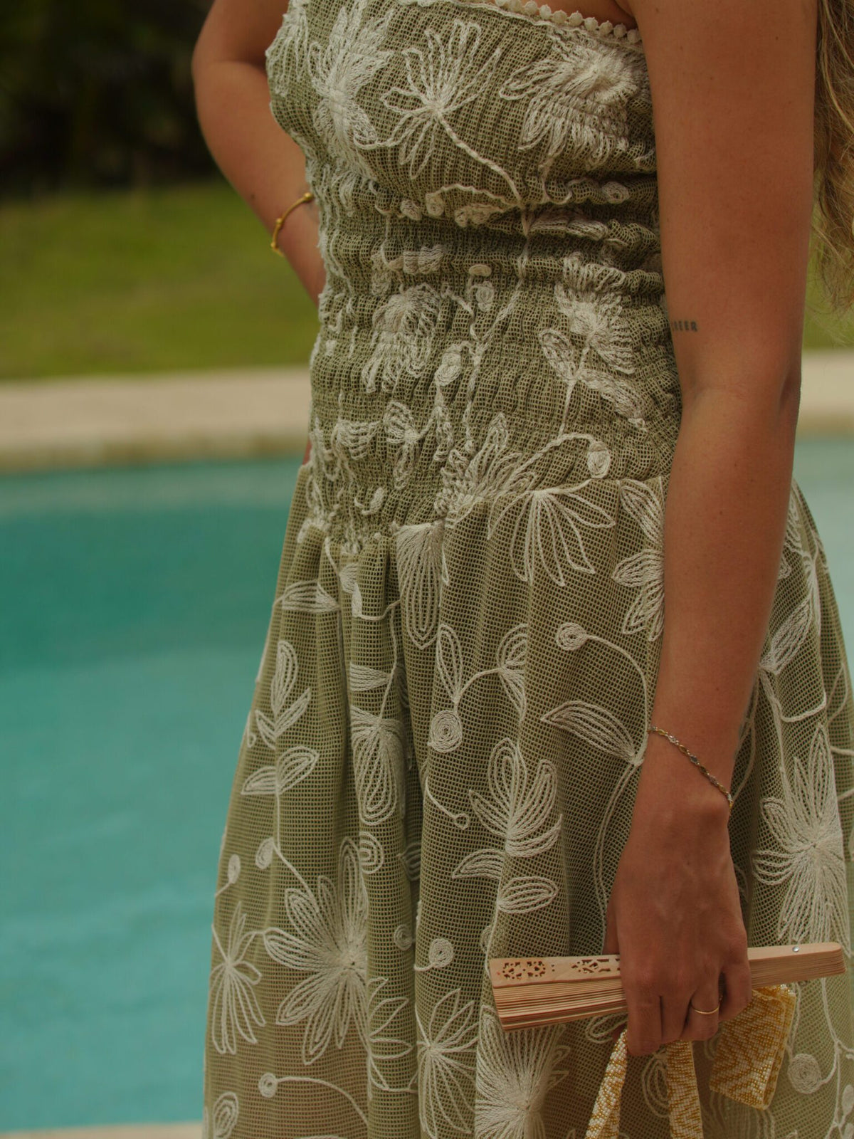 GEMMA GREEN EMBROIDERED LONG DRESS