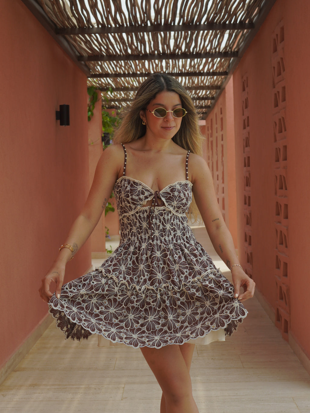 SOLANA EMBROIDERED COFFEE DRESS