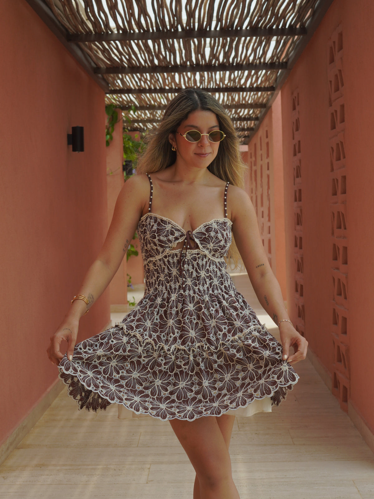 SOLANA EMBROIDERED COFFEE DRESS