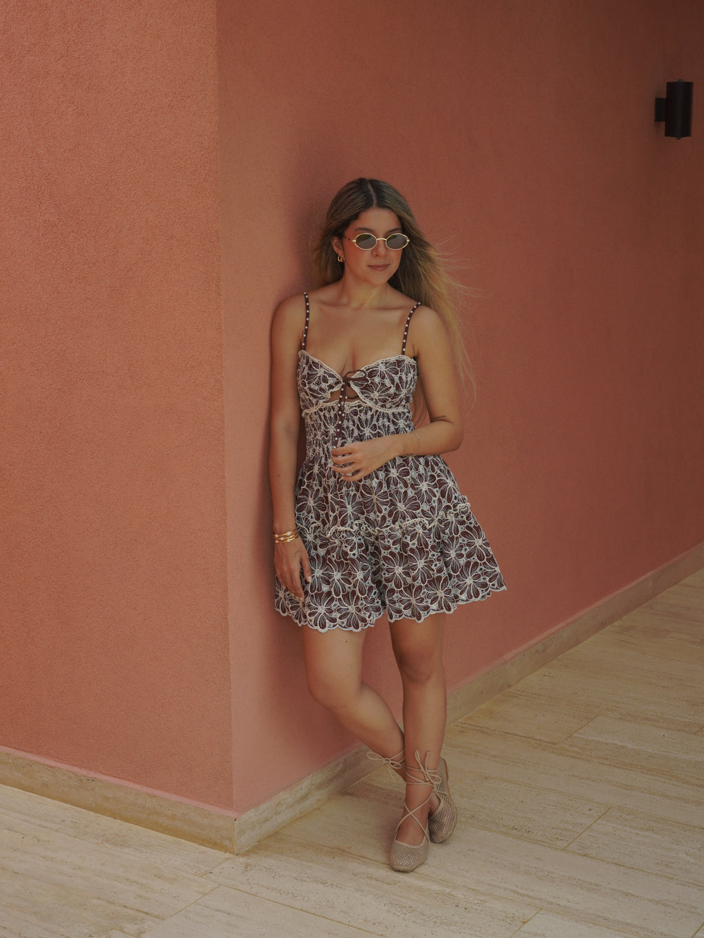 SOLANA EMBROIDERED COFFEE DRESS